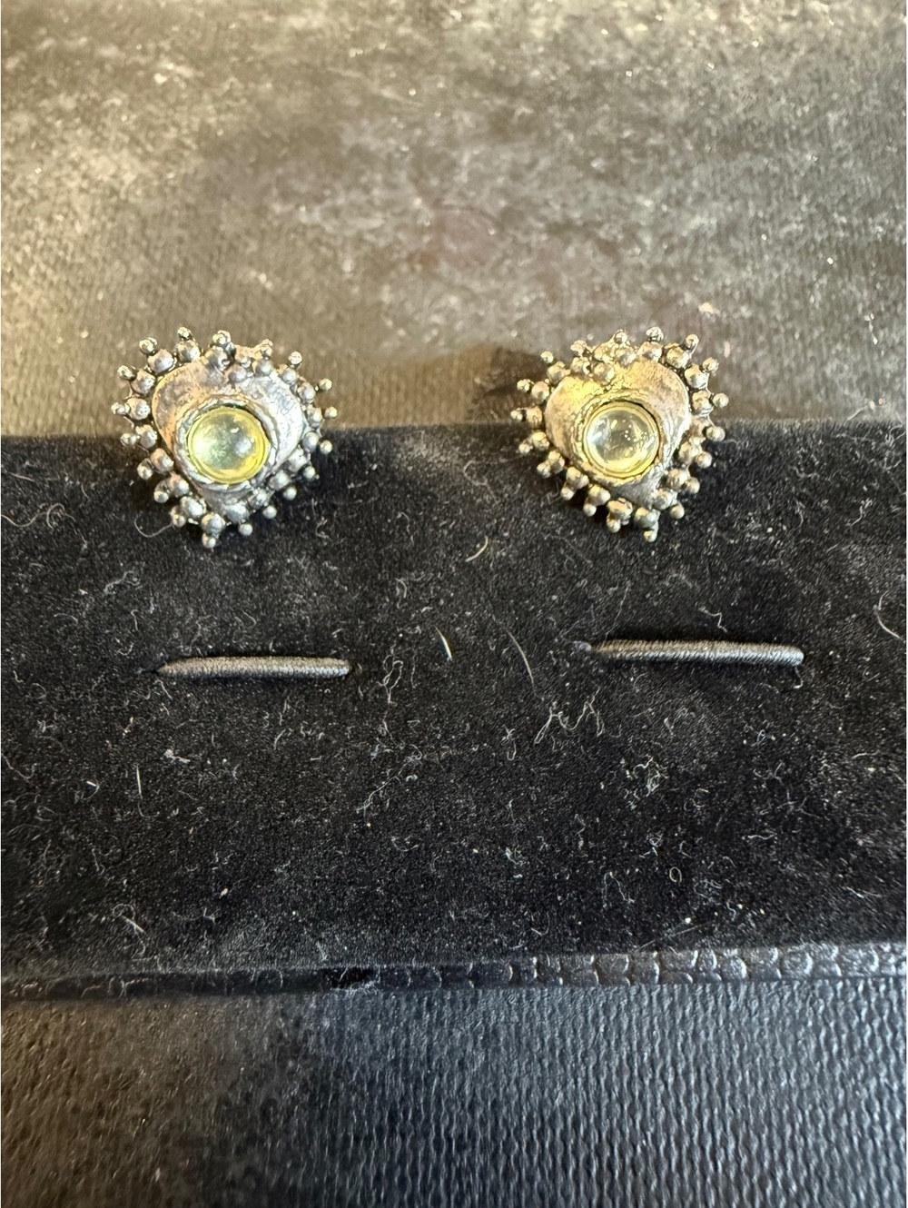 Vintage Heart-Shaped Stud Earrings with Central Cabochon Stone